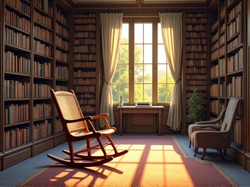 A weathered oak rocking chair with intricate herringbone cane seating, placed in a cozy library with floor-to-ceiling bookshelves. Warm golden-hour light filters through linen curtains, highlighting the patina of aged materials and timeless craftsmanship.