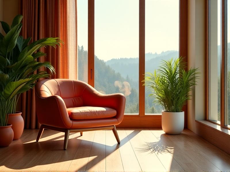 A contemporary armchair with mushroom leather upholstery panels in rich terracotta hues, placed in a sunlit modern living room with wooden floors and potted plants, emphasizing harmony between nature and design.