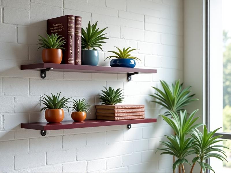 Three floating shelves made of clear laminated glass, mounted on a white brick wall with invisible stainless steel brackets, displaying potted succulents and hardcover books in a bright, airy living room.