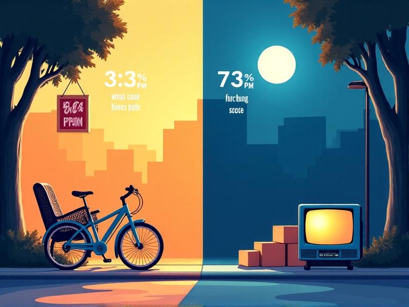 An infographic-style illustration comparing daytime and nighttime curb hunting scenes. On the left, a sunny afternoon shows a bicycle leaning against a wicker chair on the curb, with a ‘FREE’ sign. On the right, a moonlit street features a lamp-lit pile of boxes and a retro TV. Both scenes are annotated with glowing timestamps (‘3:45 PM’ and ‘10:30 PM’) and percentage labels (‘73% success rate’ vs. ‘34%’).