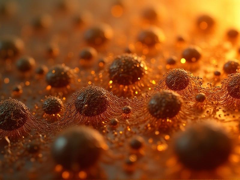 A close-up microscope view of coffee composite material, showing intertwined coffee particles embedded in a translucent bioplastic matrix. Earthy brown fibers contrast with amber-colored resin, illuminated by soft laboratory lighting. The texture appears rugged yet cohesive, symbolizing scientific innovation.