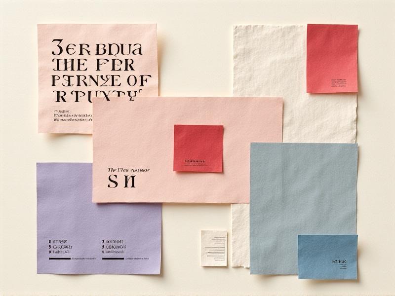 A collage of brand visual elements including a minimalist logo, serif and sans-serif typography samples, and a color palette of muted pastels and vibrant crimson. The arrangement is on a textured cream paper background with soft shadows, evoking a balance between modernity and timeless elegance.