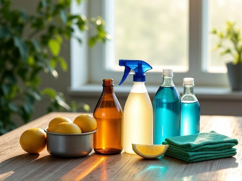 An organized arrangement of natural cleaning ingredients on a rustic table: white vinegar, baking soda, lemon halves, and hydrogen peroxide bottles beside microfiber cloths and a spray bottle. Sunlight streams through a window, casting soft shadows and emphasizing the eco-friendly theme.
