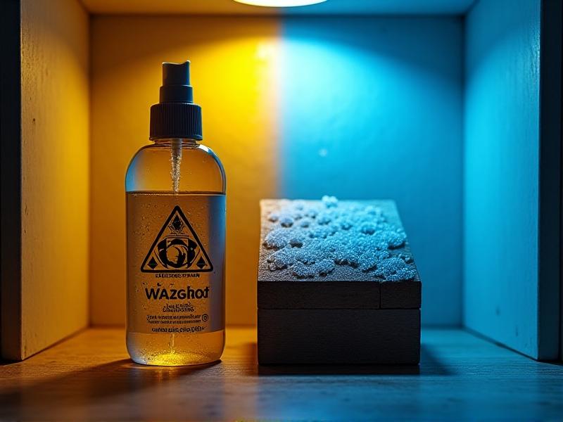 A side-by-side comparison image: on the left, a spray bottle of pesticide labeled with hazard symbols; on the right, a frost-covered wooden box in a freezer. Warm yellow lighting vs. cool blue tones create a visual contrast between toxic and eco-friendly pest control methods, highlighting the freezer technique’s safety and sustainability.