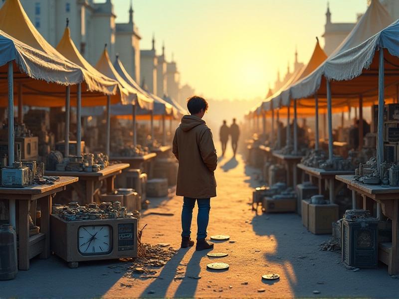 A crowded flea market at sunrise, with vendors arranging mismatched items on weathered tables. A contemplative shopper in a brown jacket pauses near a box of discarded electronics, their face lit by warm golden-hour light, symbolizing hesitation and curiosity in value assessment.