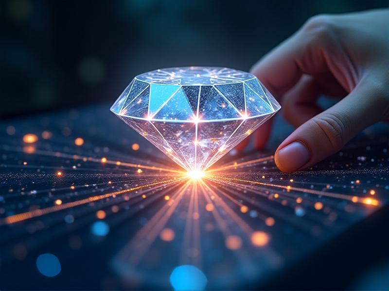 A futuristic digital interface displays a glowing blockchain network, with interconnected nodes illustrating a diamond’s journey from mine to retailer. Overlaid graphs show timestamps and geographic checkpoints, while a hand interacts with a touchscreen, symbolizing transparency and user control.