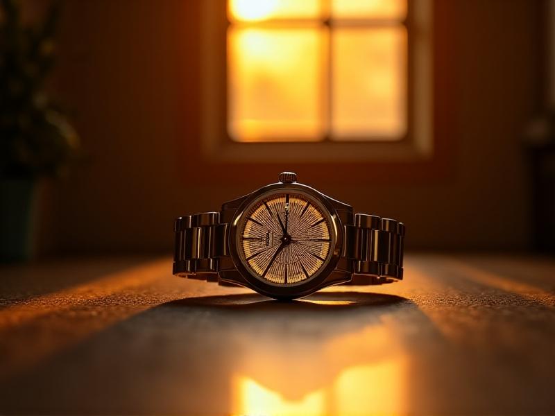 A behind-the-scenes photo of a product photography studio with a ring light, softbox, and reflector positioned around a metallic wristwatch. Warm golden-hour-style lighting creates subtle shadows and accentuates the watch’s metallic sheen, evoking a luxurious and aspirational mood.