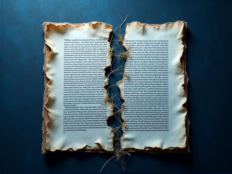 A split-image comparison showing a torn, watermarked manuscript on the left and its AI-restored version on the right, with a translucent overlay of binary code and shimmering gold neural pathways connecting the two halves, styled in high contrast with cool blues and metallic accents to emphasize technological transformation.