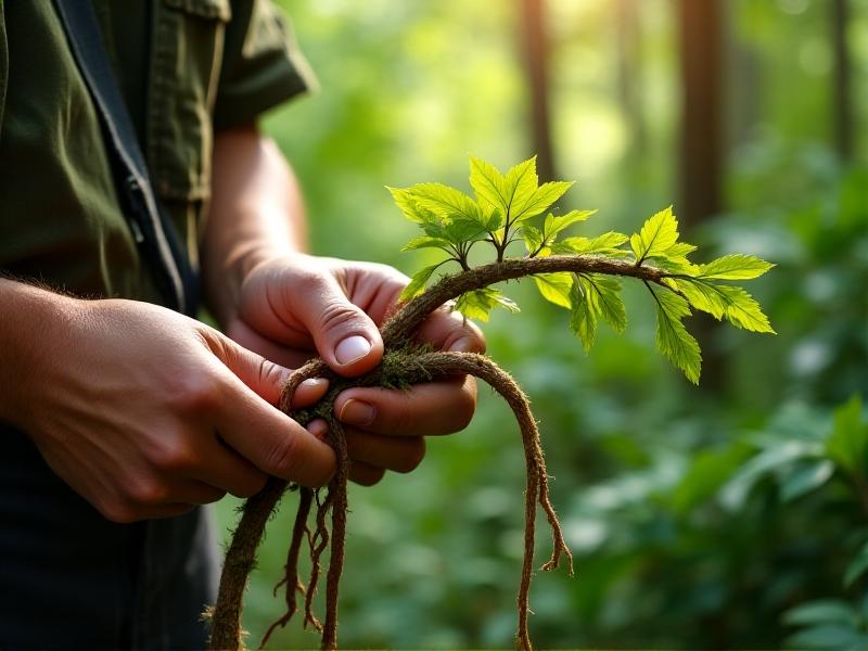 A close-up of skilled hands harvesting rattan vines in a lush Southeast Asian forest, sunlight dappling through green canopy. The image captures sustainable forestry practices, showing raw materials at their source with vibrant natural colors and textures.