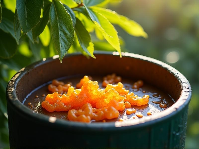 A comparison image showing shellac flakes next to plastic packaging in a compost bin, with sunlight filtering through green leaves above. The composition contrasts natural decomposition with synthetic waste, emphasizing environmental responsibility through earthy greens and browns.