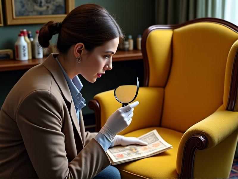 A person wearing white gloves closely examining the armrest of a vintage yellowed armchair, with a magnifying glass highlighting discolored fabric fibers. Warm indoor lighting creates a focused, investigative atmosphere, with cleaning supplies visible in the blurred background.