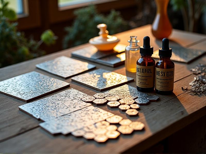 An assortment of overlay materials spread on a rustic wooden table: metallic leafing sheets, stencils, epoxy resin bottles, and 3D-printed hexagonal tiles, bathed in warm daylight with a focus on texture and craftsmanship.