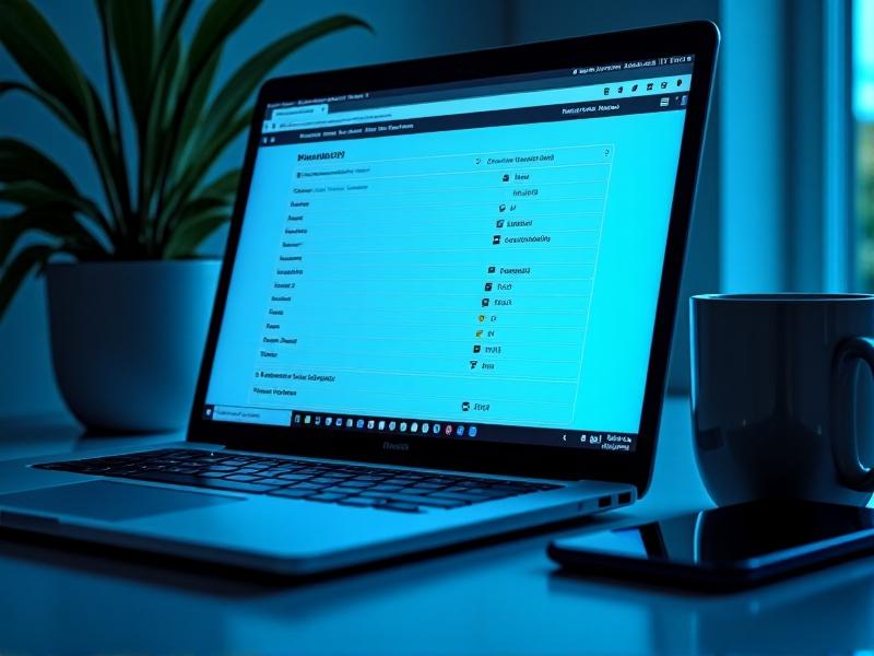 A laptop screen showing a marketplace website’s search filters being configured, with dropdown menus for price, condition, and location. A cursor hovers over a 'Save Search' button. The workspace includes a coffee mug and a smartphone, lit by cool blue light, conveying a tech-savvy, efficient vibe.