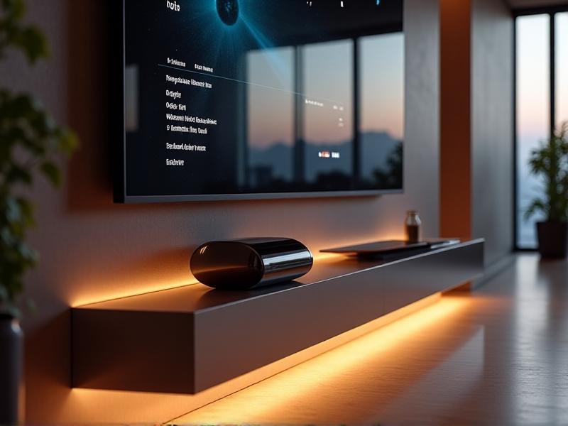A sleek media console with an integrated touchscreen panel displaying smart home controls. Ambient lighting glows softly beneath floating shelves holding a router and modem, while a wireless charging pad seamlessly blends into the quartz countertop.