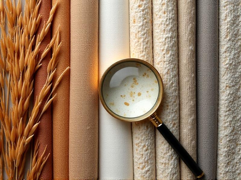 A flat lay comparison of natural and synthetic fabric samples. On the left, undyed hemp, organic cotton with seed pods, and flax stalks beside woven linen. On the right, recycled polyester threads, nylon mesh, and acrylic felt. A magnifying glass highlights the coarse weave of jute versus the smooth synthetic fibers.