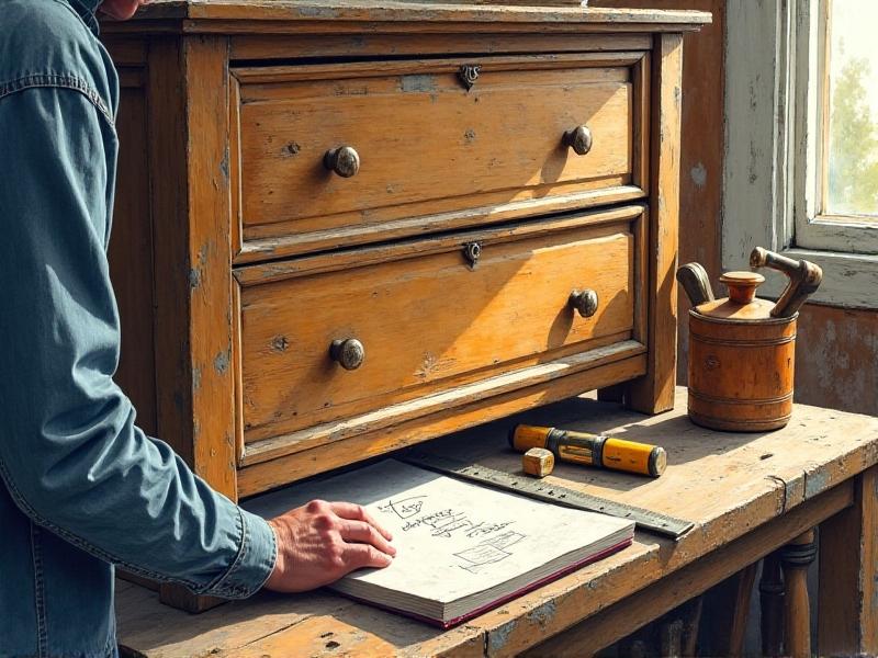 A hands-on view of someone measuring an antique dresser’s dimensions with a metal tape measure. The dresser features chipped paint and brass handles, while tools like a level and notebook lie nearby on a rustic workbench.
