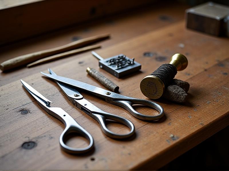 A neatly arranged collection of upholstery tools on a wooden workbench: stainless steel scissors, a manual staple gun, curved needles with thick thread, and a brass tack hammer, lit by soft natural light with a focus on texture and functionality.