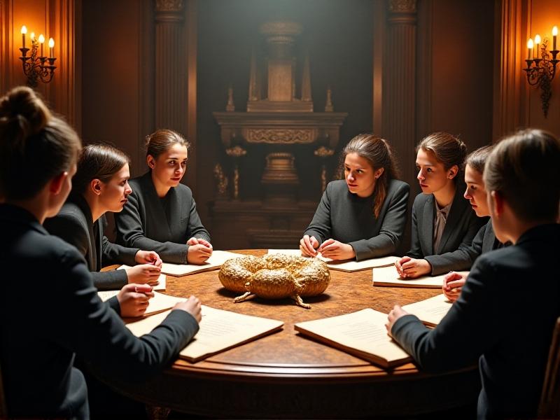 A diverse group of conservators and AI engineers debating around a wooden table cluttered with antique books and holographic data projections, captured in a muted sepia palette with dramatic shadows to symbolize the tension between tradition and innovation.