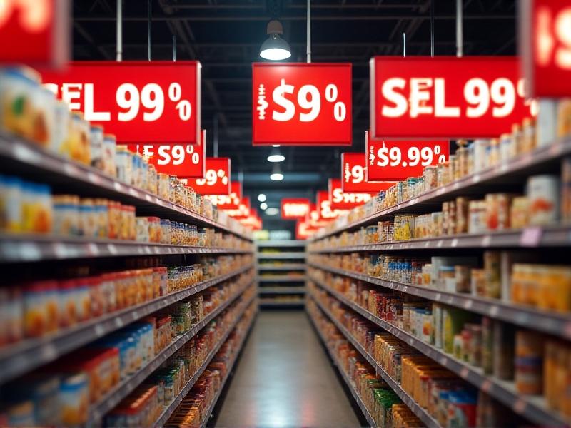 A vibrant supermarket shelf with multiple products tagged $X.99, highlighted by warm overhead lighting. Red sale signs with ‘SPECIAL’ in white letters hang above, creating a sense of urgency and value. The image emphasizes retail environments where charm pricing dominates.