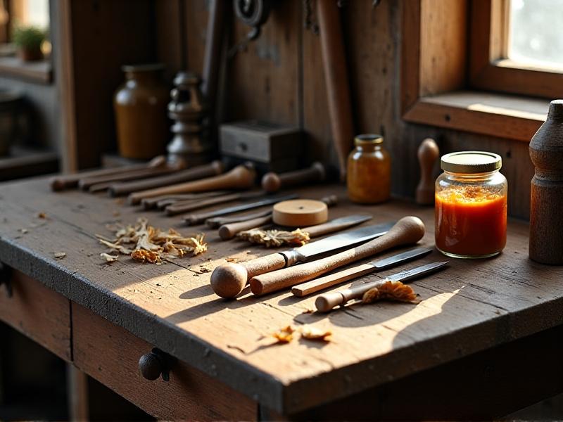 A rustic workbench cluttered with vintage repair tools: brass clamps, a jar of amber-colored hide glue, a chisel with a worn handle, and scattered wood shavings under soft, diffused workshop lighting.