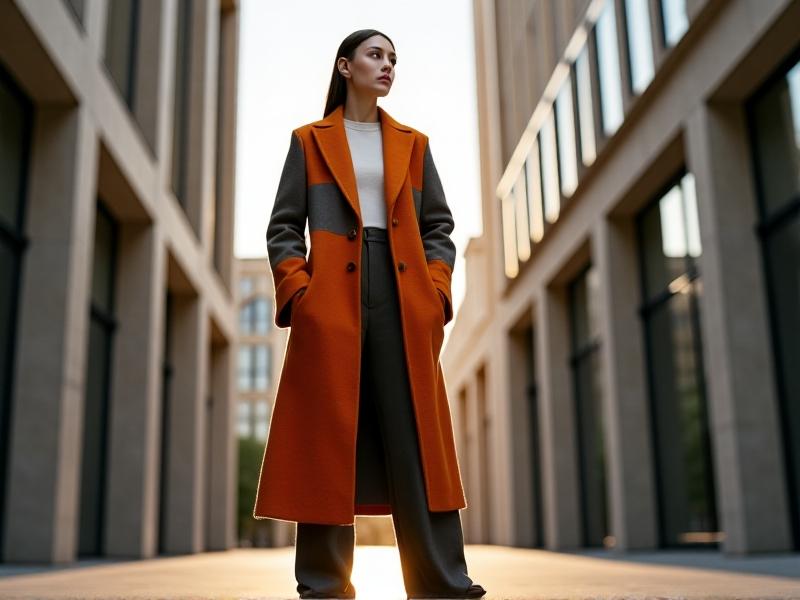 A tailored wool coat with asymmetrical panels in burnt orange, charcoal gray, and cream, styled with wide-leg trousers, against an urban backdrop of concrete and glass, highlighting the interplay of structure and bold hues under natural daylight.