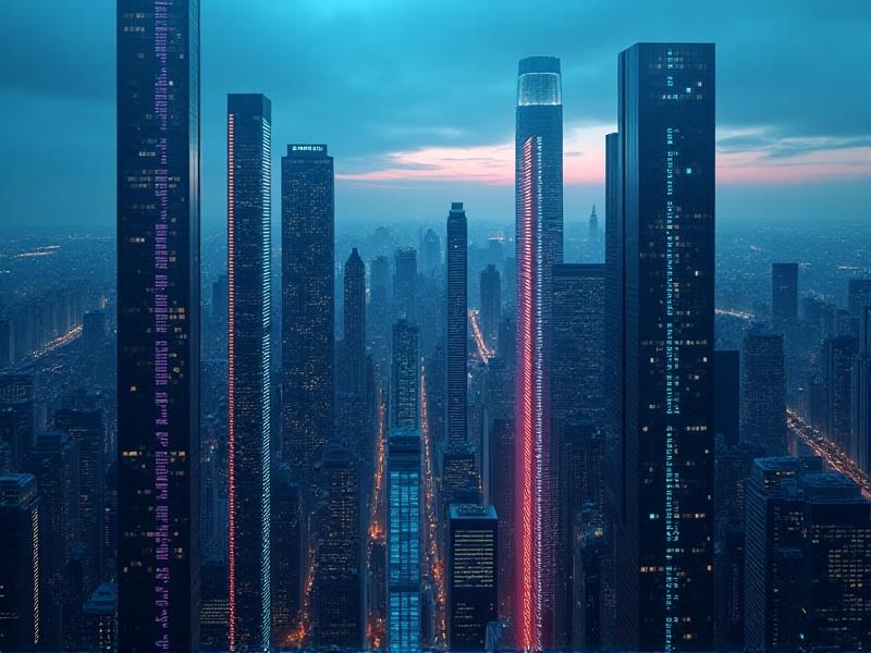 A dynamic cityscape with skyscrapers under a twilight sky, overlaid with glowing stock market graphs and downward-trending arrows. The juxtaposition symbolizes a buyer's market where declining property values create opportunities for bulk acquisitions. Cool blue tones contrast with vibrant chart colors, evoking strategic decision-making in real estate.