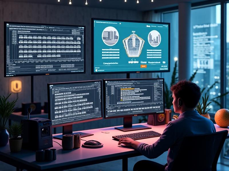 A digital workspace showing the complexities of vertical conversion: a designer adjusting aspect ratios in Adobe Premiere with gridlines visible, a developer testing responsive breakpoints on multiple devices, and a content strategist mapping user journey touchpoints. Overlaid graphics highlight pain points like cropped visuals and typography scaling issues.