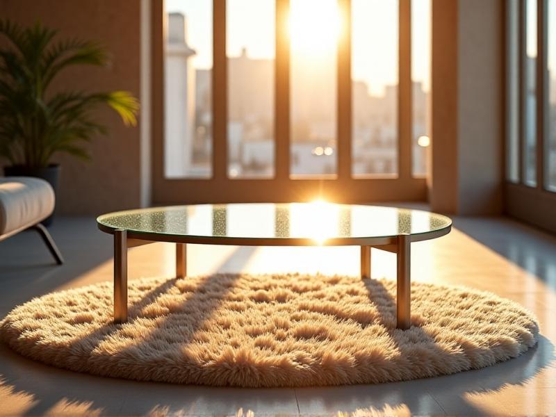 A minimalist coffee table with a hexagonal tempered glass top supported by slender, brushed stainless steel legs, placed on a shaggy ivory rug in a sunlit loft with floor-to-ceiling windows.