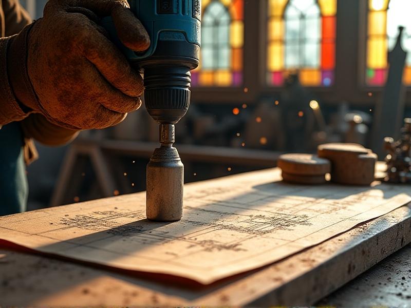 Hands wearing leather gloves using a power drill to attach a brushed nickel leg to a reclaimed wood coffee table. Sawdust floats in sunbeams above a rustic workshop table cluttered with screws, brackets, and a sketched blueprint showing leg placement measurements.