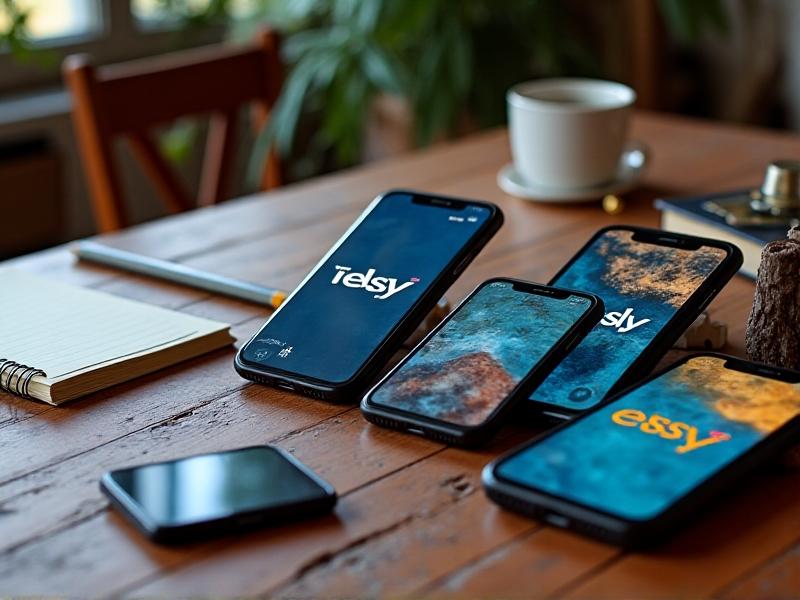 A collage of smartphone screens showing logos of popular marketplace apps like eBay, Etsy, and StockX. The phones are arranged on a wooden table with colorful product images blurred in the background, symbolizing diversity and choice in platform selection.