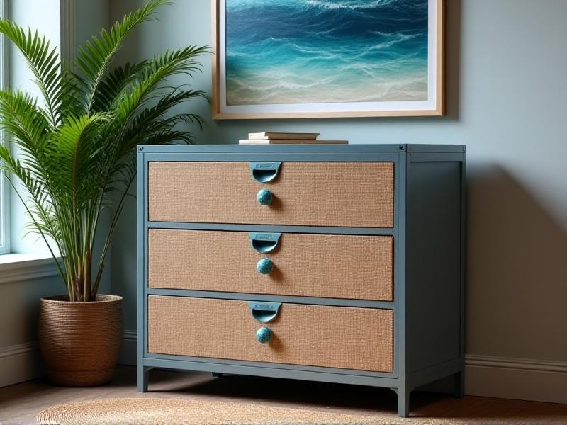 A gray metal filing cabinet from the 1990s, its drawers adorned with woven seagrass panels and ceramic knob handles painted sea-blue, positioned on a sisal rug beside a potted fern and a framed abstract ocean-wave artwork, merging corporate utility with coastal serenity.