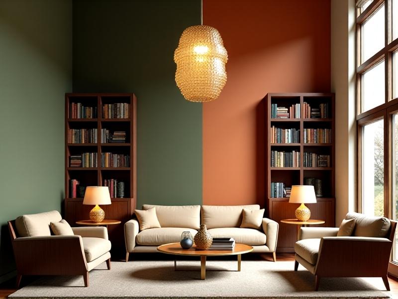 A high-ceilinged Victorian living room with walls divided into large geometric sections of sage green, terracotta, and off-white, accented by mid-century modern furniture in walnut and brass, illuminated by soft ambient lighting from a sculptural pendant fixture.