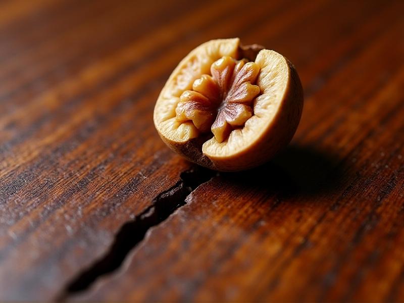 A halved walnut being pressed into a deep scratch on a mahogany desk. The image captures the rich brown hues of the walnut and the glossy sheen it leaves on the wood. Lighting: Soft overhead glow with shadows emphasizing the scratch’s depth. Style: Macro photography with vibrant color contrast.
