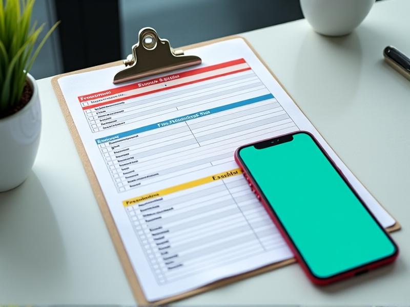 A detailed project checklist on a clipboard, with color-coded sections for 'Procurement,' 'Execution,' and 'Launch.' A smartphone displaying a scheduling app sits beside it, with bright overhead lighting creating a focused, organized atmosphere.