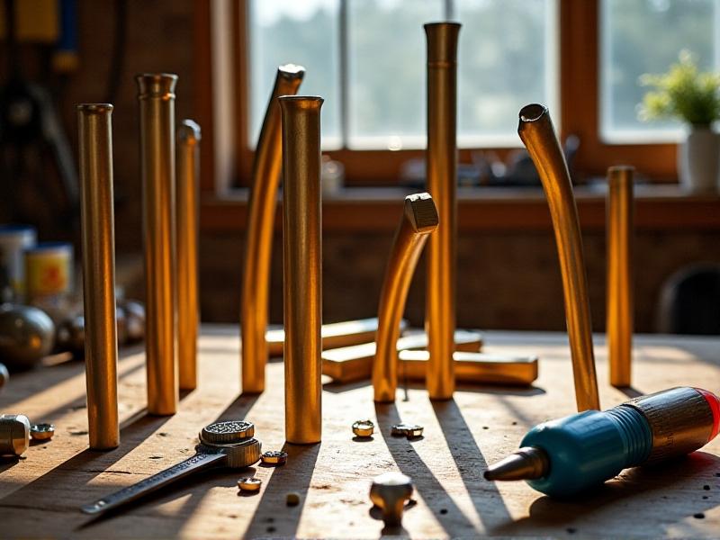 An eclectic mix of furniture legs arranged on a workshop bench: hairpin legs, fluted wooden dowels, geometric brass bases, and powder-coated steel cylinders. Tools like wrenches and measuring tapes lie nearby, with sunlight filtering through a garage window onto the textured metal surfaces.