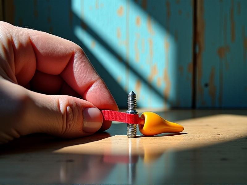 A hand pressing a red rubber band onto a stripped silver screwhead with a yellow screwdriver, against a backdrop of faded blue paint and splintered wood. Sunlight streams through a nearby window, creating high contrast between the vibrant rubber band and the distressed surface.