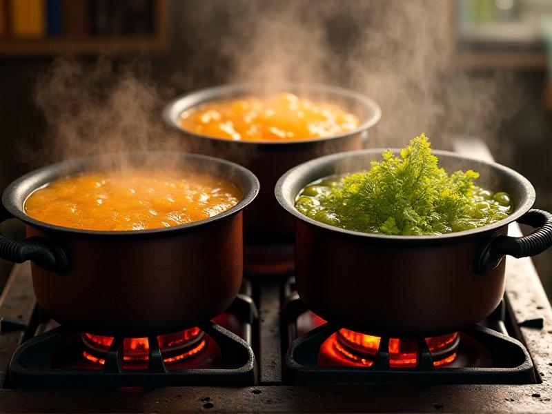 Three cast-iron pots bubbling on a stovetop, each emitting different colored steams—golden yellow, deep burgundy, and moss green. Plant materials float on the surfaces: onion skins in one, beet roots in another, eucalyptus leaves in the third. Warm ambient lighting creates a cozy, alchemical atmosphere.