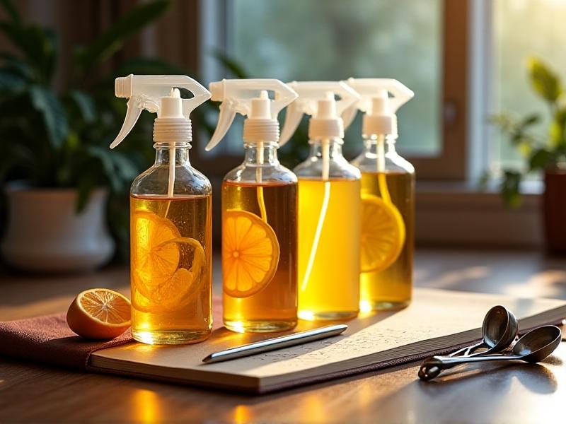 Four labeled glass spray bottles with citrus-based cleaners on a kitchen counter, each with different colored liquids (amber, pale yellow, clear) and citrus peel garnishes. A notebook with handwritten recipes lies nearby, accompanied by a pen and measuring spoons. Bright, cheerful lighting evokes practicality and creativity in homemade cleaning.