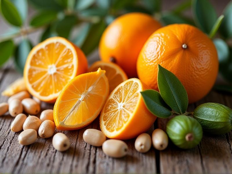 Close-up of citrus peels, soybeans, and cornstarch arranged on a rustic wooden table, showcasing natural ingredients used in eco-friendly paint strippers. Warm lighting with soft shadows, highlighting texture and organic origins.