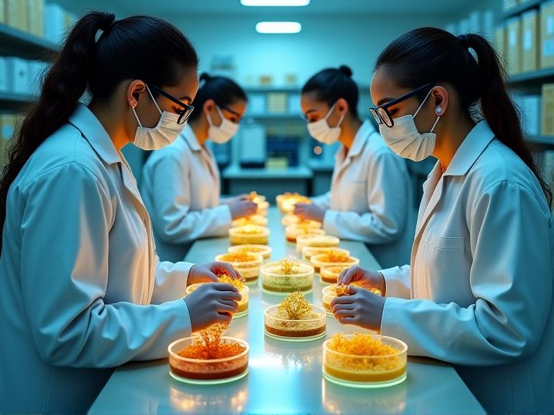 A laboratory setting with technicians in white coats examining petri dishes of mycelium cultures growing on organic substrates, under sterile LED lighting, conveying a fusion of biotechnology and sustainable material innovation.