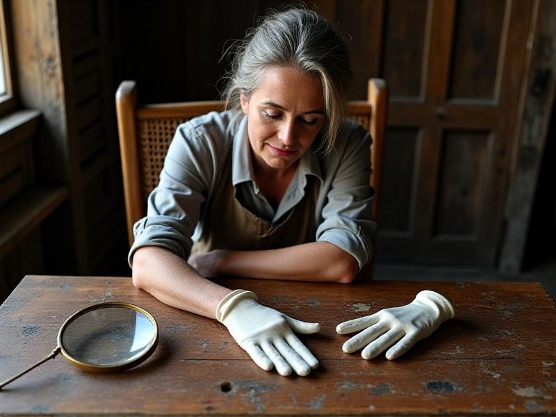 Hands in white gloves inspecting a weathered wooden drawer, with a magnifying glass highlighting cracks and discoloration. Soft overhead lighting casts shadows on the rustic workshop table. Keywords: vintage wood inspection, mold detection, furniture restoration.
