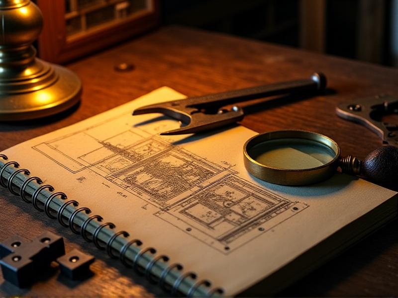 A vintage wooden worktable cluttered with tools: a brass magnifying glass resting on a weathered blueprint, a pair of calipers measuring an antique iron hinge, and a leather-bound notebook open to a hand-drawn sketch of a door latch, lit by warm amber lamplight.