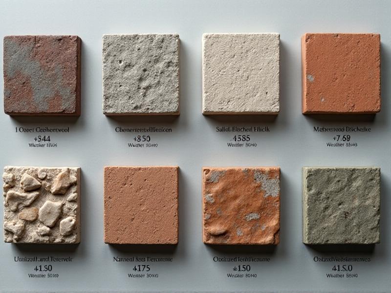 Grid comparison of eight material types including weathered steel, oak with iron stains, and etched concrete, each labeled with treatment durations, arranged on a neutral grey backdrop with measurement scales.