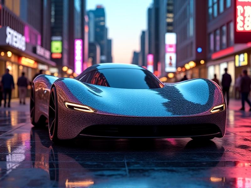 A concept car with morphing surface textures shifting from brushed metal to translucent glass, parked on a city street reflecting holographic advertisements at dusk, blending physical and digital realities.