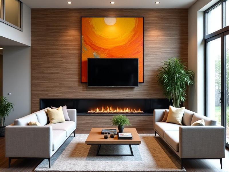 A feature wall made from reclaimed barn wood planks in varying shades of gray and brown, with visible nail marks and saw marks. The wall anchors a bright living room with mid-century modern furniture and a large abstract painting, creating a balance between rugged texture and sleek modernity.