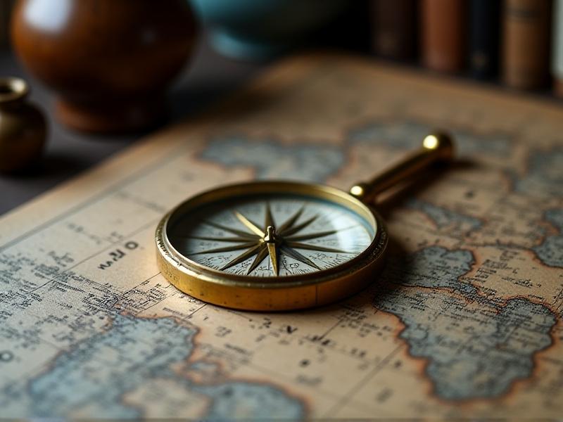 A close-up of a magnifying glass hovering over a weathered brass compass resting on a map. Soft natural light reveals intricate engravings on the compass face, while blurred background shelves display ceramics and vintage books, representing meticulous inspection.
