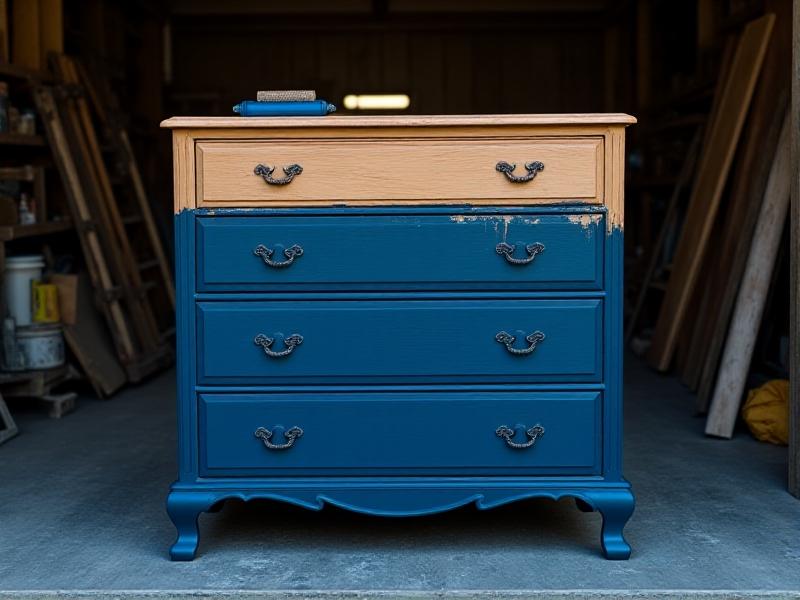 A half-painted dresser in a garage workshop: the lower half shows freshly applied navy blue paint, while the upper section remains sanded bare wood. A paint roller rests on a tray nearby, and drop cloths catch drips, capturing the project’s midway progress.