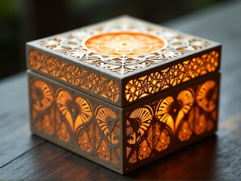 A close-up of a decorative box with layered paper cutouts: torn book pages under translucent lace patterns, topped with raised gold leaf accents. Soft side lighting emphasizes texture and depth.