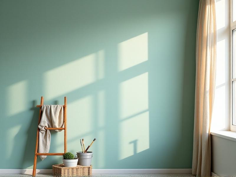 A painter’s hand rolling smooth, teal zero VOC paint onto a textured wall in a minimalist bedroom. Morning light highlights the paint’s creamy consistency and a nearby open window with sheer curtains, symbolizing freshness and safety. A drop cloth and eco-friendly supplies sit neatly on a bamboo ladder.