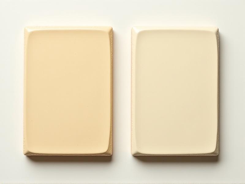 Side-by-side swatches of milk paint and acrylic paint on wooden boards, highlighting the matte, chalky finish of milk paint versus the glossy uniformity of synthetic options. Neutral backgrounds and soft shadows create a clean, analytical composition.